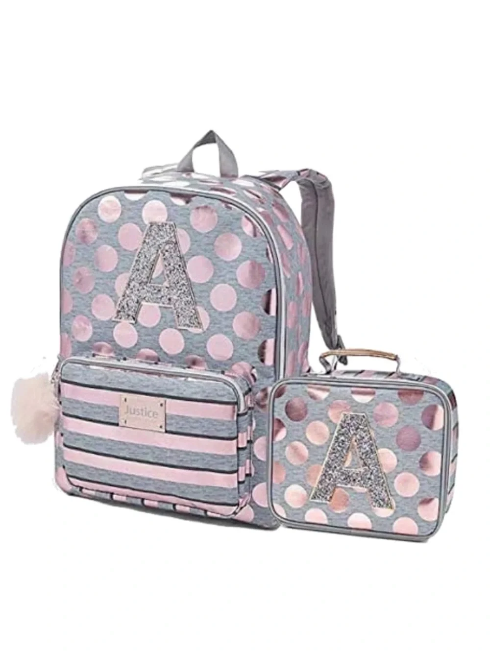Justice Initial A Rose Gold Foil Backpack + Lunch Tote Bag Bundle